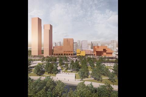 Olympicopolis - Stratford Waterfront - Allies and Morrison, O’Donnell and Tuomey and Arquitecturia. Image shows from left to right: the two residential towers, UAL London College of Fashion, the potential Smithsonian building standing slightly in front of